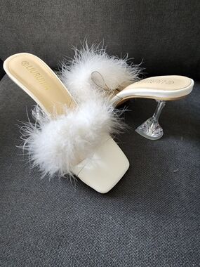 White Feather Slide Heels